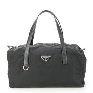 Prada Tessuto nylon triangular logo Boston bag leather Black